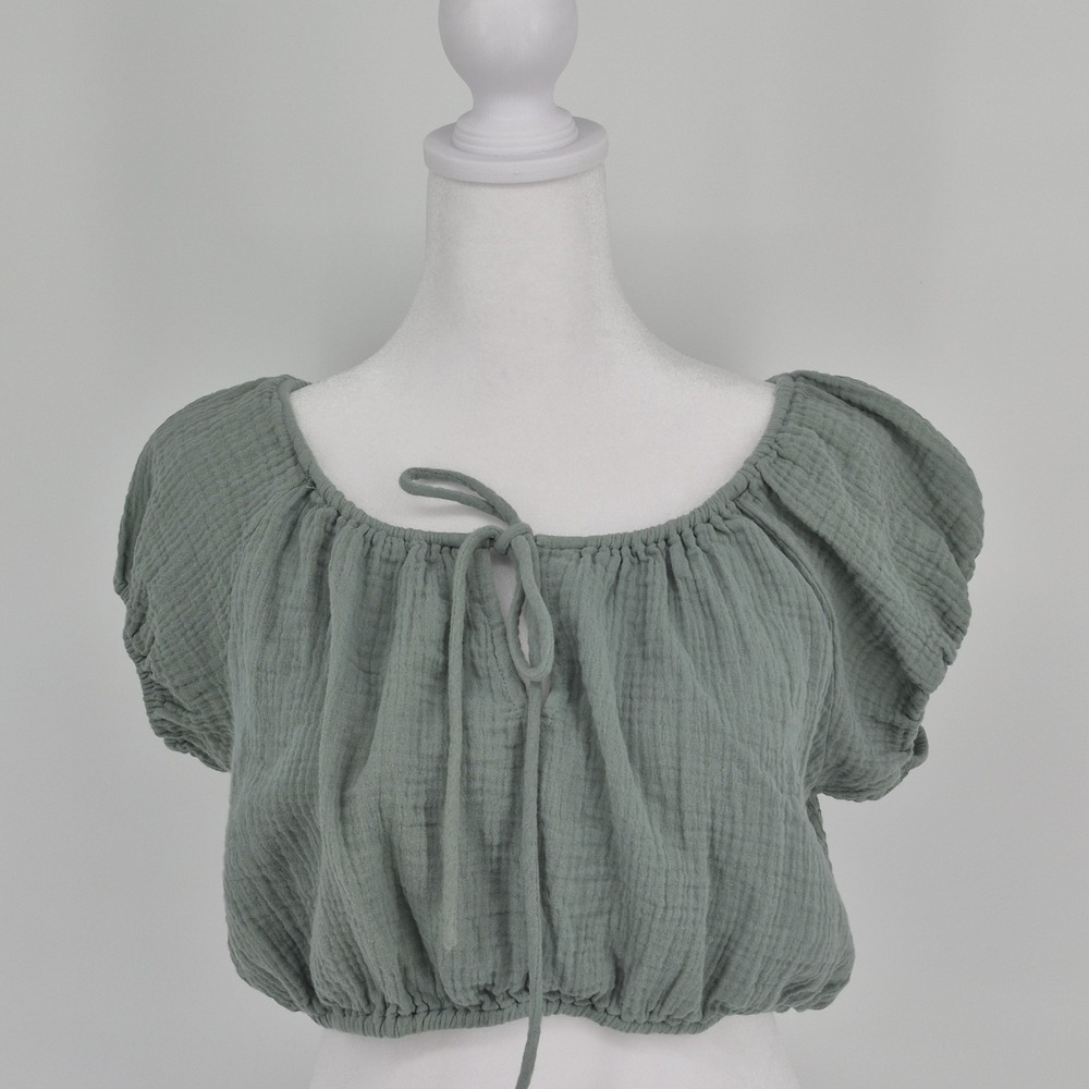 By the River Sage‎ Green Rayon Muslin Crop Top Peasant Boho Blouse Women's Sz M